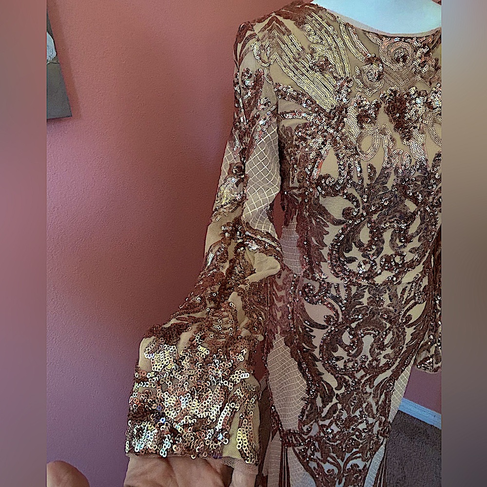 Betsy & Adam elegant vintage glamour long sleeve Sequined Gown in Champagne, 8 - Picture 6 of 12